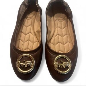 Coach Brown Leather Ballet Flats with Gold Horse & Carriage Medallion